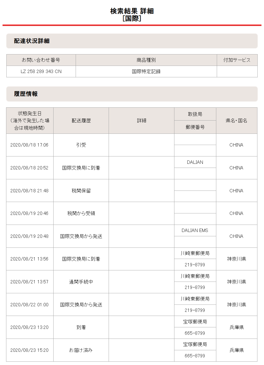 2020年08月18日の配達状況詳細